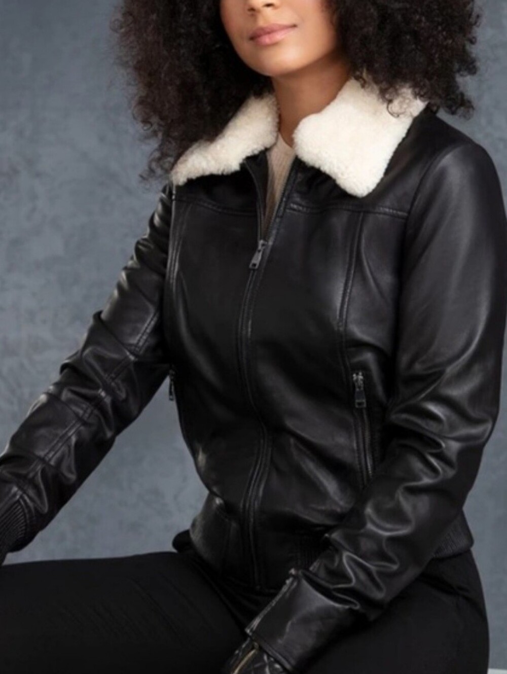 Black Leather Zip-Front Women's Jacket